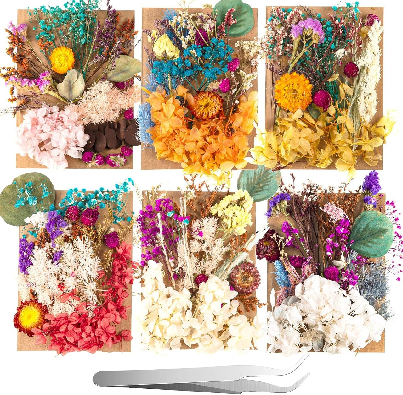 200 Pcs Natural Dried Pressed Flowers & Leaves – Real Flower Mix with Tweezers for DIY Resin, Jewelry, Candle, Soap, Scrapbook, Nail & Craft Projects